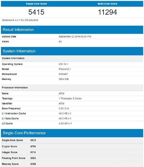 A13處理器跑分曝光（圖片來(lái)歷Geekbench）