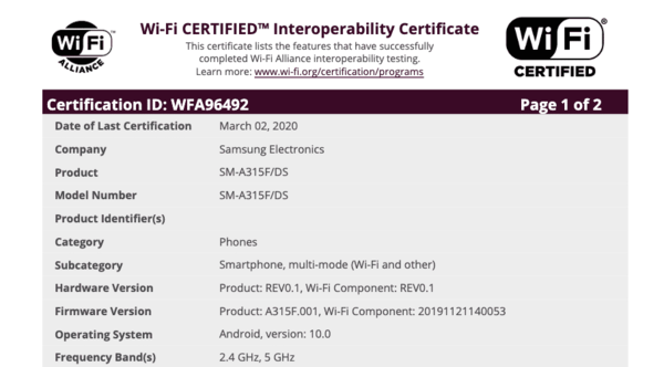 三星Galaxy A31取得WiFi聯(lián)盟認(rèn)證（圖源91Mobiles）