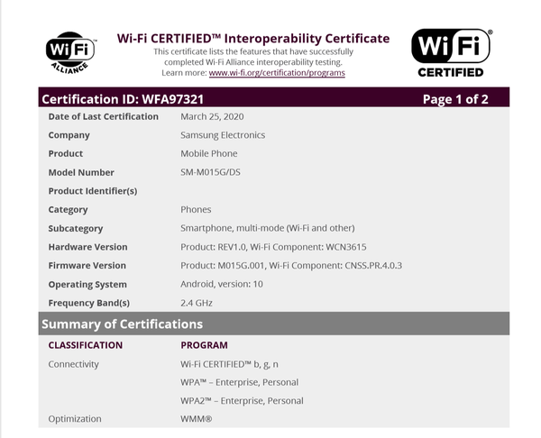 三星Galaxy M01取得WiFi聯(lián)盟認(rèn)證